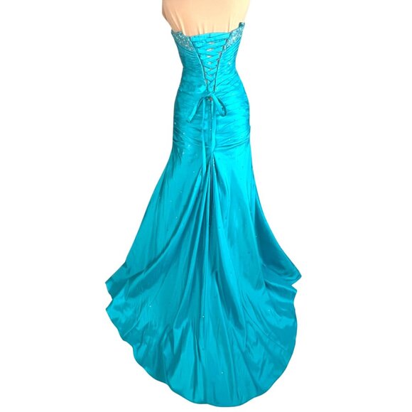 Mori Lee Strapless Ball Gown 3/4 Blue Sweetheart Neckline Sparkly Mermaid Corset - Picture 4 of 15
